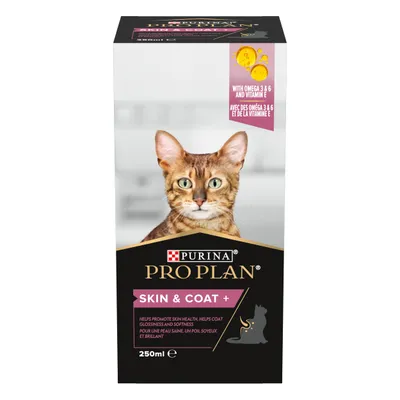 Purina Pro Plan Skin & Coat+ 250ml, with omega 3 & 6 and vitamin E. Helps promote skin health, helps coat glossiness and softness. Cat image on front.