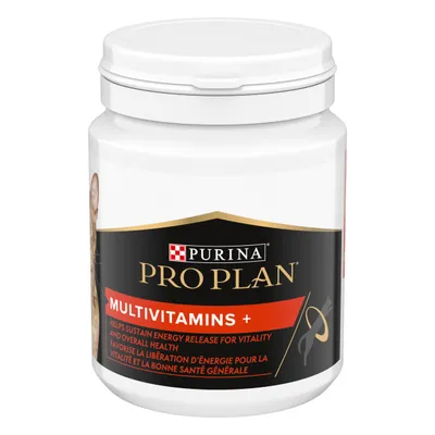 Purina Pro Plan Multivitamins+ container, label reads: Helps sustain energy release for vitality and overall health. Some text also in French. White plastic tub with screw lid.