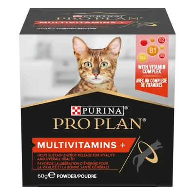 Purina Pro Plan Multivitamins+ for cats, 60g powder. With vitamin complex B1, B2, B5, B12. Helps sustain energy release for vitality and overall health. Text also in French.