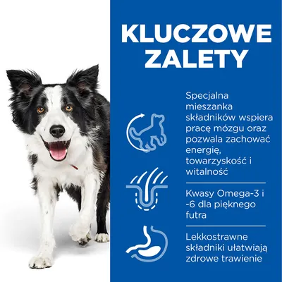 Kluczowe zalety: specjalna mieszanka składników wspiera pracę mózgu, energia i witalność; kwasy Omega-3 i -6 dla futra; lekkostrawne składniki ułatwiają trawienie.