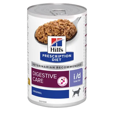 Hill's Prescription Diet Digestive Care i/d low fat original, comida húmeda para perros. Texto visible: VETERINARIAN RECOMMENDED, ACTIVBIOME+, DOG FOOD.