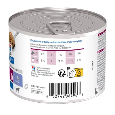 Tabela dawkowania karmy Hill's i/d low fat: dla psa 2,5 kg – 1¼ puszki, 5 kg – 2, 10 kg – 3½, 20 kg – 5¾, 30 kg – 7⅔. Kod BK35269M, strona HillsPet.com, kod kreskowy 052742064963.