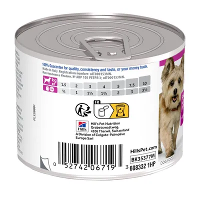 Blik hondenvoer Hill's. Voedingsadvies per hondengewicht: 1,5–10 kg, dagelijkse hoeveelheid ¾ tot 3½ blik. Barcode, adres Hill's Pet Nutrition, en recyclinginformatie zichtbaar.