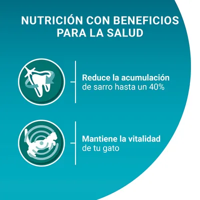 Nutrición con beneficios para la salud: reduce la acumulación de sarro hasta un 40 % y mantiene la vitalidad de tu gato.