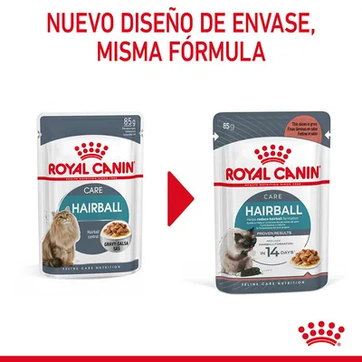 Nuevo diseño de envase, misma fórmula. Dos sobres de Royal Canin Hairball Care 85 g para gatos, mostrando el cambio de imagen del producto.