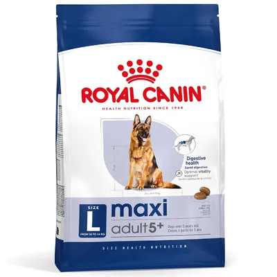 Royal Canin maxi adult 5+ hondenvoer, maat L, voor honden van 26 tot 44 kg, afbeelding Duitse herder, tekst: Digestive health, Optimal vitality support, aangepaste brokgrootte.