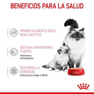 Beneficios para la salud: primer alimento ideal para gatitos, sistema inmunitario fuerte con vitaminas y antioxidantes, desarrollo cerebral con ácido graso omega-3 (DHA). Royal Canin.