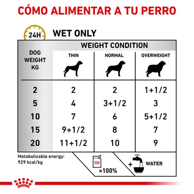 Tabla de alimentación diaria solo húmeda para perros según peso (2–20 kg) y condición corporal (delgado, normal, sobrepeso). Energía metabolizable: 929 kcal/kg. Añadir agua.