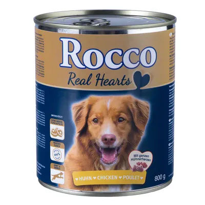 Blik Rocco Real Hearts hondenvoer, smaak kip (Huhn Chicken Poulet), 800 g. Tekst: extra grote vleesstukjes, vers vlees 100%, met hele kippenharten.
