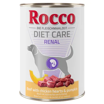 Rocco Diet Care Renal dåse med synligt oksekød, kyllingehjerter og græskar. Tekst: Beef with chicken hearts & pumpkin. Illustration af hund og nyre-symbol.