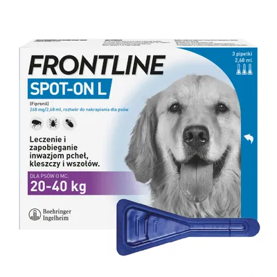 Frontline Spot-On L dla psów 20–40 kg, 3 pipetki 2,68 ml. Leczenie i zapobieganie inwazjom pcheł, kleszczy i wszołów. Boehringer Ingelheim.