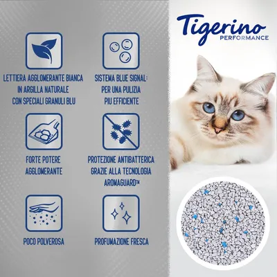Tigerino Performance lettiera agglomerante bianca in argilla naturale con granuli blu, sistema Blue Signal, protezione antibatterica Aromaguard, poco polverosa, profumazione fresca.