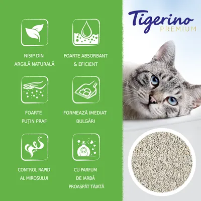 Tigerino Premium. Nisip din argilă naturală, foarte absorbant și eficient, foarte puțin praf, formează imediat bulgări, control rapid al mirosului, cu parfum de iarbă proaspăt tăiată.