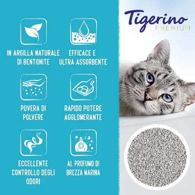 Tigerino Premium. In argilla naturale di bentonite, efficace e ultra assorbente, povera di polvere, rapido potere agglomerante, eccellente controllo odori, profumo brezza marina.
