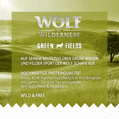 Wolf of Wilderness Green Fields. Korkealaatuinen proteiini: vähintään 40 % tuoretta kananlihaa ja lampaanlihaa, erinomainen siedettävyys ja hyväksyttävyys. Wild & Free.