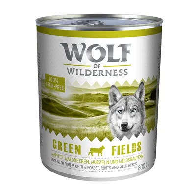 Wolf of Wilderness Green Fields, 100% grain-free, lammas metsämarjoilla, juurilla ja villiyrteillä, 800 g tölkki. Englanninkielinen teksti: lamb with fruits of the forest, roots and wild herbs.
