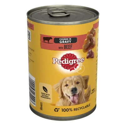 Tin showing chunks in gravy with beef, made with natural ingredients, 100% recyclable. Pedigree branding visible.