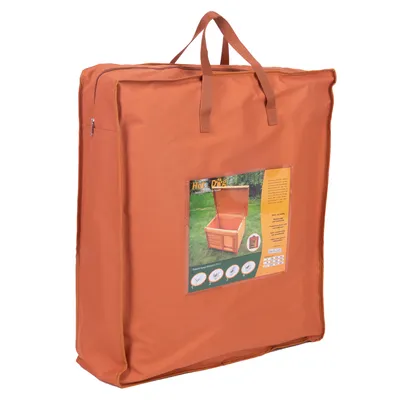 Bolsa de transporte naranja con asas y cremallera, etiqueta visible con imagen de caseta para perros Hot Dog y texto explicativo en inglés. Bolsa de transporte naranja con asas y cremallera, etiqueta visible con imagen de caseta para perros Hot Dog y texto explicativo en inglés.