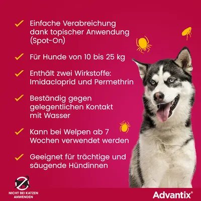 Advantix Spot-On für Hunde von 10-25kg. Wirkstoffe: Imidacloprid, Permethrin. Beständig gegen Wasser, geeignet für Welpen ab 7 Wochen sowie trächtige und säugende Hündinnen. Nicht bei Katzen anwenden.