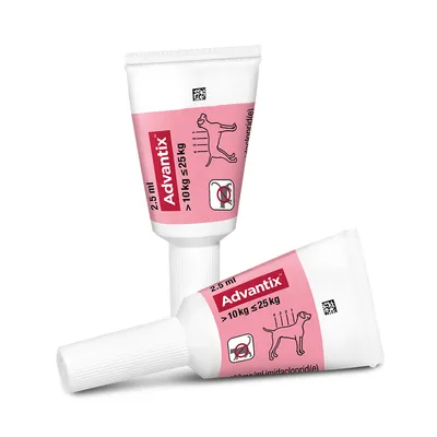 Advantix Spot-On pour chiens de >10kg à ≤25kg, 2,5ml. Remarque : non adapté aux chats.