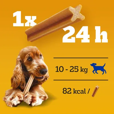 Uputa: 1 štapić svakih 24 h za pse 10–25 kg, 82 kcal po štapiću. Prikaz psa koji žvače štapić na narančastoj podlozi.