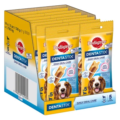 Pedigree Dentastix Daily Oral Care, förpackning med 14 x 5 st, totalt 1,792 kg. Synlig text: Nr.1, 3-ACM Wirkung, x5, medium hund, bild på hund och tuggpinnar.