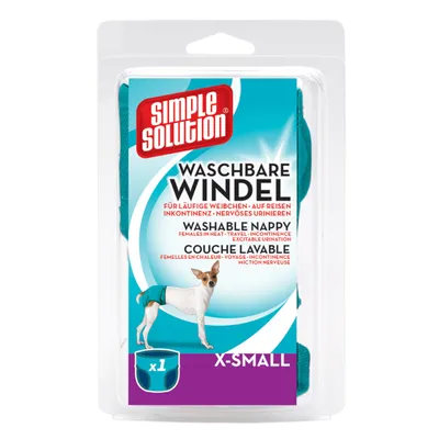 Simple Solution Waschbare Windel, pannolino lavabile per cani taglia X-Small, 1 pezzo. Testo in inglese, tedesco e francese sulla confezione. Immagine di cane che indossa il prodotto.