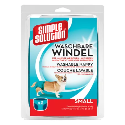 Simple Solution Waschbare Windel, pannolino lavabile per cani taglia small 4–7 kg, circonferenza vita 30–48 cm, confezione da 1 pezzo. Testo in inglese, tedesco e francese.