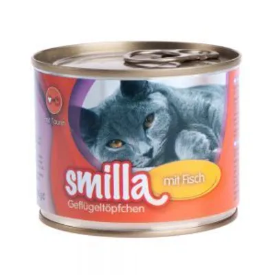 Boîte de nourriture pour chat Smilla, texte visible : « smilla mit Fisch Geflügeltöpfchen », image d’un chat gris sur l’étiquette, conserve avec ouverture facile.