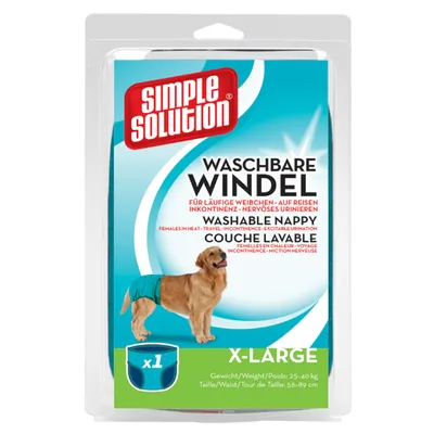 Simple Solution Waschbare Windel X-Large, pannolino lavabile per cani, 1 pezzo, peso 25–40 kg, girovita 56–89 cm. Testo in tedesco, inglese e francese sulla confezione.