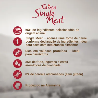 Purizon Single Meat: 65% ingredientes de origem animal, uma fonte de carne, rica em proteínas, 35% fruta/legumes/ervas, 0% cereais adicionados (sem glúten), produzido na Alemanha.