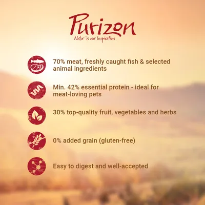 Purizon. 70% meat, freshly caught fish & selected animal ingredients. Min. 42% essential protein. 30% fruit, vegetables and herbs. 0% added grain (gluten-free). Easy to digest and well-accepted.