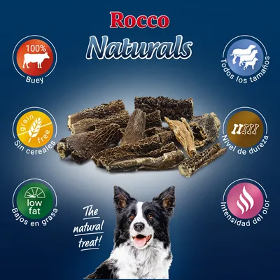 Rocco Naturals, snack de buey 100 %, sin cereales, bajos en grasa. Indicadores: todos los tamaños, nivel de dureza, intensidad del olor. Imagen de trozos de snack y perro.