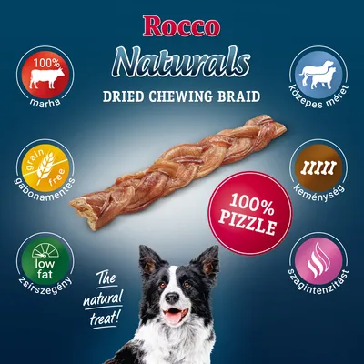 Rocco Naturals Dried Chewing Braid, 100% marha, gabonamentes, zsírszegény, közepes méret, keménység skála 5, szagintenzitást jelölve, 100% Pizzle felirat