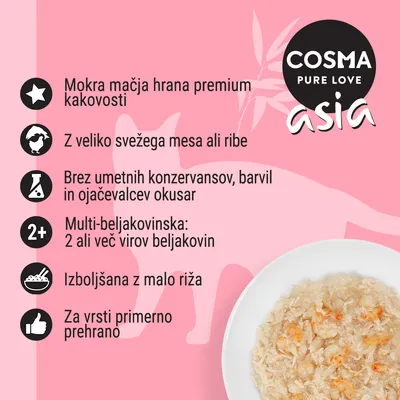 COSMA Pure Love Asia. Tekst na slovenskom: mokra mačja hrana premium kakovosti, z veliko svežega mesa ali ribe, brez umetnih konzervansov, multi-beljakovinska, izboljšana z malo riža.