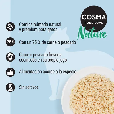 COSMA Pure Love Nature. Comida húmeda natural y premium para gatos, 75 % carne o pescado, frescos cocinados en su jugo, alimentación acorde a la especie, sin aditivos.