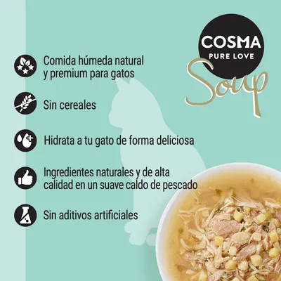 COSMA PURE LOVE Soup. Comida húmeda natural y premium para gatos, sin cereales, hidrata, ingredientes naturales en caldo de pescado, sin aditivos artificiales.