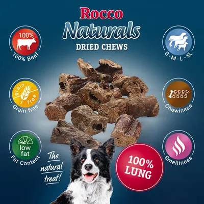 Rocco Naturals dried chews made from 100% beef lung, grain-free, low fat, suitable for all sizes, chewy texture, and smelly. The natural treat.