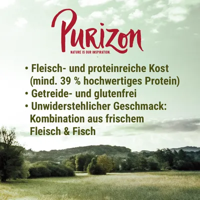 Purizon. Fleisch- und proteinreiche Kost (mind. 39 % hochwertiges Protein), getreide- und glutenfrei, unwiderstehlicher Geschmack: Kombination aus frischem Fleisch & Fisch. Teksti saksaksi.