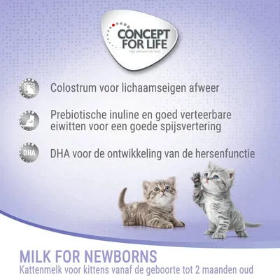 Concept for Life Milk for Newborns: kattenmelk voor kittens vanaf de geboorte tot 2 maanden, colostrum voor afweer, prebiotische inuline, goed verteerbare eiwitten, DHA voor hersenfunctie.