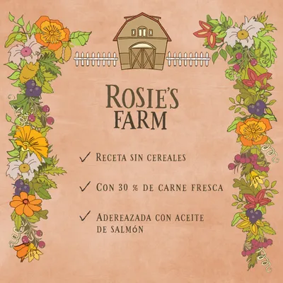 Rosie's Farm. Receta sin cereales. Con 30 % de carne fresca. Aderezada con aceite de salmón.