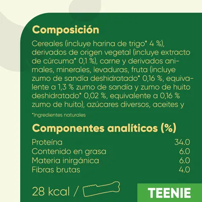 Composición: cereales, derivados vegetales, carne y derivados animales, minerales, levaduras, fruta. Componentes analíticos: proteína 34 %, grasa 6 %, materia inorgánica 6 %, fibra 4 %.