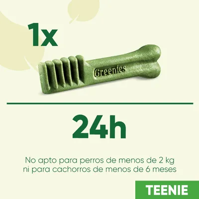 Greenies Teenie: 1 unidad cada 24h. No apto para perros de menos de 2 kg ni cachorros de menos de 6 meses.