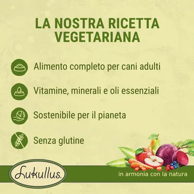 La nostra ricetta vegetariana: alimento completo per cani adulti, vitamine, minerali e oli essenziali, sostenibile per il pianeta, senza glutine. Lukullus.