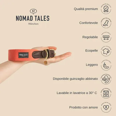 Collare arancione Nomad Tales München in ecopelle su una mano, testo: qualità premium, confortevole, regolabile, ecopelle, leggero, guinzaglio abbinato, lavabile a 30°C, prodotto con amore.
