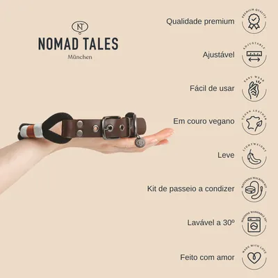 Coleira Nomad Tales München em couro vegano, ajustável, leve, fácil de usar, lavável a 30°, kit de passeio a condizer. Texto: qualidade premium, feito com amor.