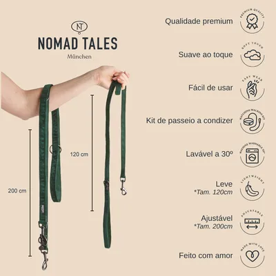 Trela verde Nomad Tales München, ajustável até 200 cm ou leve com 120 cm. Texto: qualidade premium, suave ao toque, fácil de usar, lavável a 30°, feito com amor, kit de passeio a condizer.