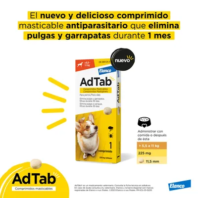 AdTab comprimidos masticables antiparasitarios para perros de 5,5–11 kg, elimina pulgas y garrapatas durante 1 mes. Administrar con comida. Caja Elanco, 225 mg, 1 comprimido, 11,5 mm.