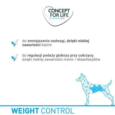 Concept for Life Veterinary Diet. Do zmniejszenia nadwagi dzięki niskiej zawartości kalorii, do regulacji podaży glukozy przy cukrzycy. Weight Control.
