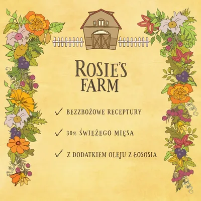 Rosie's Farm. Bezzbożowe receptury, 30% świeżego mięsa, z dodatkiem oleju z łososia.